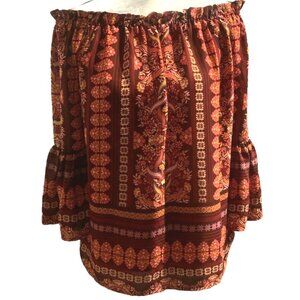 Tacera On Off Shoulder Boho Print Blouse Tunic Size M 3/4 Multicolor Bell Sleeve